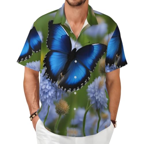 Chemise d'été homme imprimé papillon bleu à manches courtes et col boutonné élégante