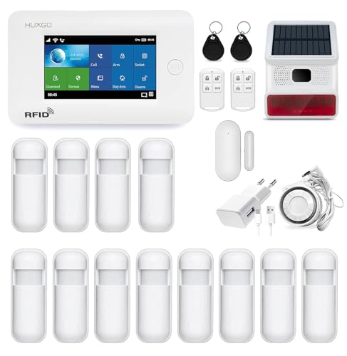 HUXGO HXA006 Funk Alarmanlage WiFi + GSM Modul mit 12x Bewegungssensoren und Funk Solarsirene - Alarmanlage Wohnung Garage - Funk Bewegungsmelder mit Empfänger