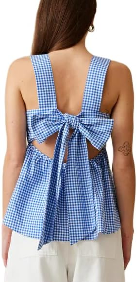 Women Gingham Babydoll Tank Top Cute Sleeveless Backless Wide Straps Peplum Shirt Y2K Square Neck Bowtie Cami Top