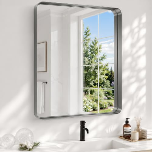 22x30 Inch Black Bathroom Mirror Metal Framed, HD Tempered Glass