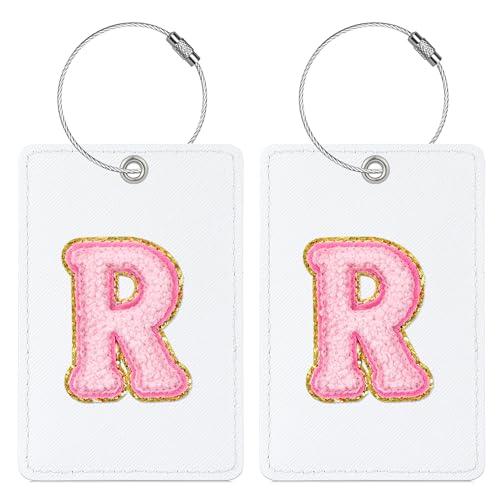 Sodsay 2 PCS Initial Luggage Tag, Luggage Tags for Suitcases Cute Embroidered Letter PU Leather Travel Bag Baggage Tags ID Label with Steel Loops for Women Kids Teens(R, White Leather+Pink Letter)