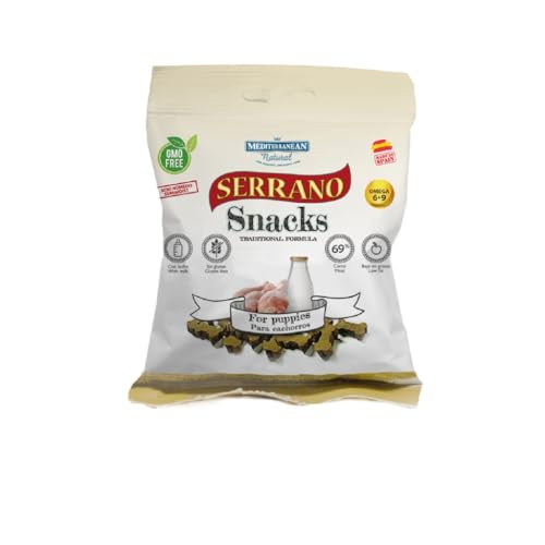 Mediterranean Natural Serrano | Snacks para Perro | Premio Adiestramiento | Semihúmedo | Varios Sabores | 25x85Gr | (25x85Gr, Cachorro)