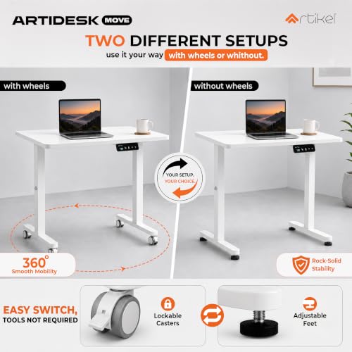Image of ARTIKEL Move Electric Height Adjustable Standing Desk with Wheels for Home Office | 80 x 60 cm Sit-Stand Workstation | 72-118 cm Height Range | 2 Memory Presets | Anti-Collision