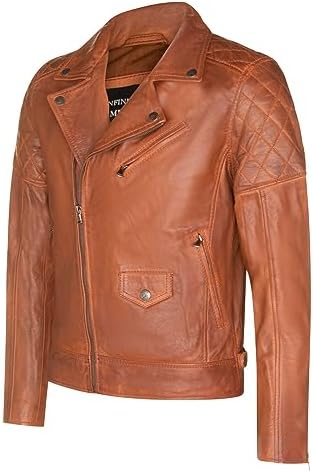 Retro Quilted Leather Biker Jacket with Cross Zip for Men, Tanning