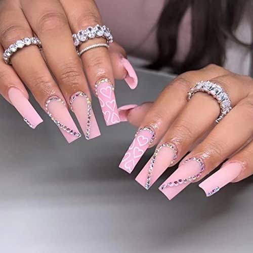 JUSTOTRY 24 Pcs Fake Nails Long,Black French Press on Nails Patterns, Snake Medium Ballerina Stick on Nails Jewels for Women, Acrylic Coffin False Nails with Glue for Nail Art