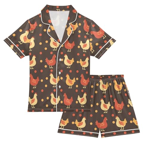 Cartoon Hen Pattern Summer Satin Pajama Set, Cute Button-Down Sleepwear Pj Set for Sleep Wears
