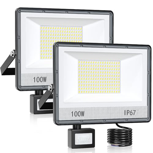100W Faretto LED Da Esterno Con Sensore Di Movimento, 2 Pezzi 10000LM 180 LEDs Faro LED Esterno Con Sensore Movimento, IP67 Impermeabile 7000K Bianco Faro LED Esterno Per Fabbriche, Patio, Garage