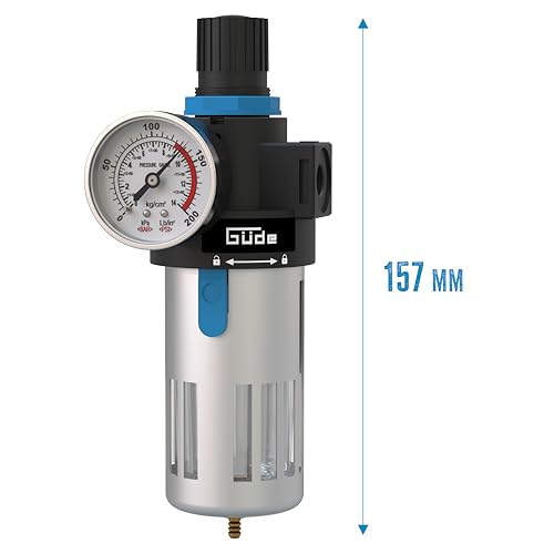 Güde Filter-Druckminderer 1/4 (Anschlussgewinde IG 1/4, max. Arbeitsdruck 10 bar, zum Anbau an Kompressoren/Druckluftleitungen, mit Wasserabscheider, Ablassventil & Manometer)
