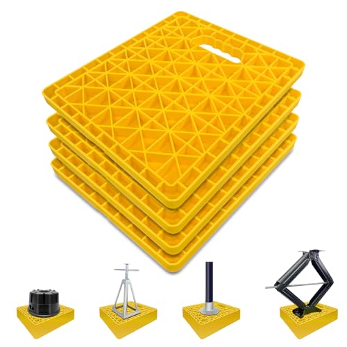 ROBLOCK Large RV Jack Stabilizer Pads,Sinking Resistant Stackable Camper Stabilizer Pads with Easy-Grip Handle and Handy Strap, Easy Storage & Organization, Yellow 4 Pack 14" x 12"