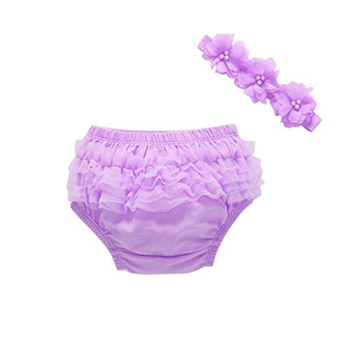 Baby Girl's Shorts Cover Bloomers Shorts+Headband in Set Newborn Infant Tulle Ruffle Elastic Waist Outfits Purple