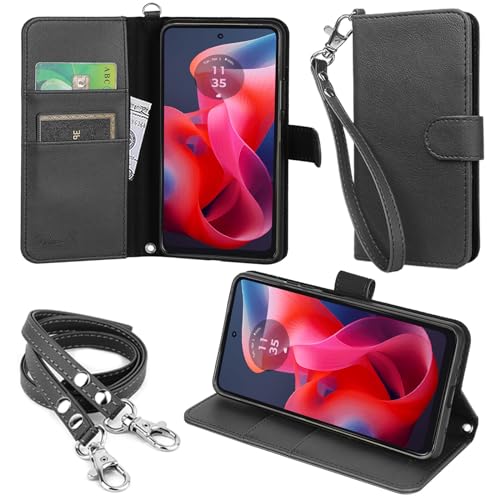 wisers moto g24 対応 手帳型スマホケース (ブラック) (カードホルダー/スタンド機能付き) ストラップ 2種付き (ハンドストラップ/ネックストラップ) 2024年 新型