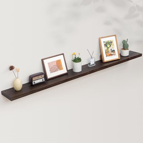 Image of Floating Shelves for Wall, 72in Reclaimed Elm Wood Shelves, Walnut | 8 inch Deep Wall Shelf, Invisible Bracket, Large Long Wall Mounted Shelves, Living Room, Bedroom, Kitchen, Bathroom