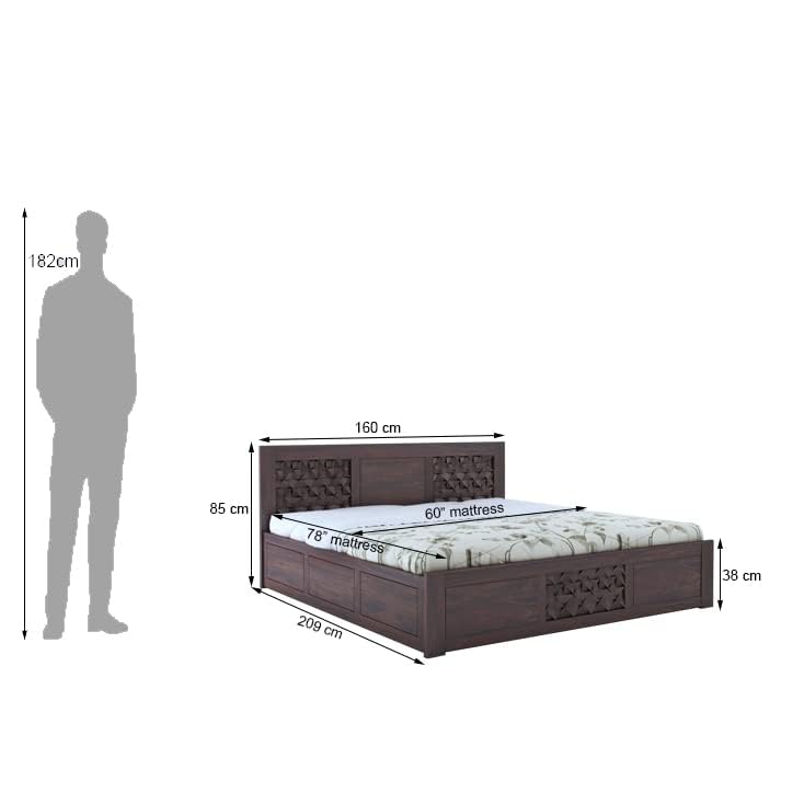 Image of Ganpati Arts Solid Sheesham Wood Queen Size Raj Bed with Box Storage | Wooden Double Bed Cot Palang Fruniture for Bedroom Living Room and Home (Walnut Finish) 1 Year Warranty