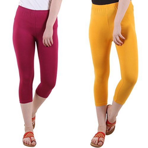 Image of DIAZ Women Cotton Stretchable Capri | Slim /Regular Fit | Breathable Yoga, Gym & Lounge Wear | High-Waist Stretchable 3 /4 Length Leggings with Wide Waistband - Pack of 2