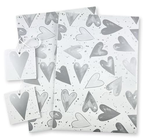 Carta da regalo riciclabile a forma di cuore, color argento metallizzato, 2 fogli e 2 etichette, per San Valentino, matrimonio, anniversario, compleanno, battesimo