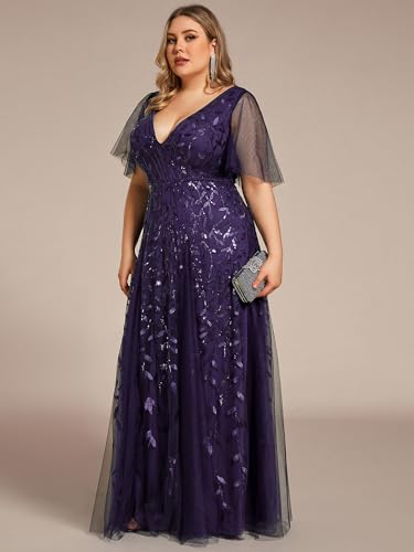 Image of Ever-Pretty Women's Sequin V Neck Plus Size Formal Dresses Evening Gown | Short Sleeve, A-Line, Empire Waist, Plus Size Mother of the Bride Dresses, Plus Size Gala Dress