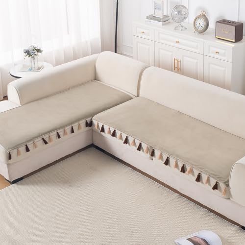 Image of HOKIPO Tassel Tone Sofa Cover L Shape 4 Seater Mat, Sand Beige