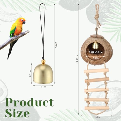 Image of Briwooody Coconut Shell Bird Nest House Breeding Bed Nestingand Anti-Pecking Bite with Natural Coir Fiber Bird Nest Toy Bell for Parrot Budgie Parakeet Cockatiel Conure Lovebird Canary Finch(Classic)