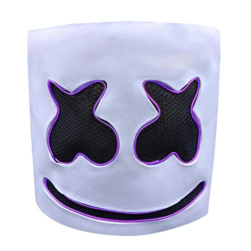 Hpparty Novelt Máscara de DJ Marshmallow con luz LED para disfraz de Halloween, fiesta de látex, color morado