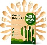 (500-teiliges) Einweg Holzbesteck Set – Alternative zu Plastikbesteck, Umweltfreundlich, Biologisch Abbaubar, 200 Holzgabeln, 200 Holzlöffel, 100 Holzmesser, Einwegbesteck