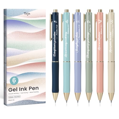 Taja Gel Pens, 6 Pcs Quick Dry Black Ink Pens, 0.5mm Fine Point, Bible