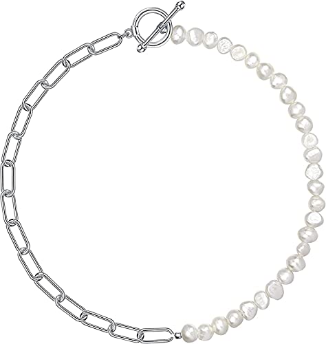 HMOOY Perlenkette Halskette, 18K vergoldet Halbperle Halbkette Halskette Perlenkette und Goldkette Büroklammer Halskette Cuban Gliederkette mit Perle Trendiger Schmuck für Damen Herren (Silber 1) Cover