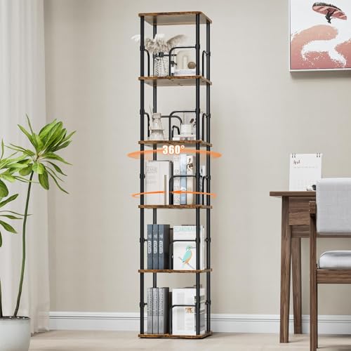 ALLSTAND 5 Tier Square Rotating Bookshelf, Rustic Brown Small