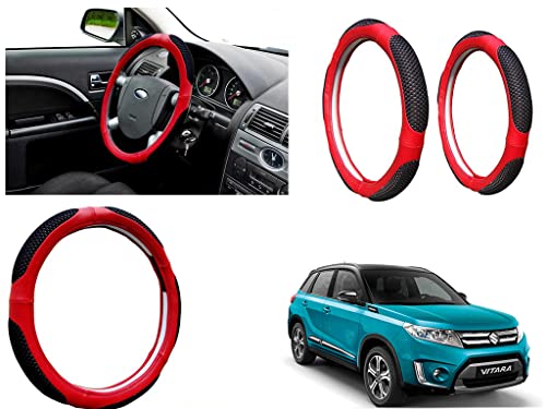 Image of Microfiber Car Steering Wheel Cover, Soft Padding Great Hand Feel, Anti-Slip, Faux Leather Steering Cover for Maruti Suzuki Grand Vitara | Black Red Jali - Pack of 1