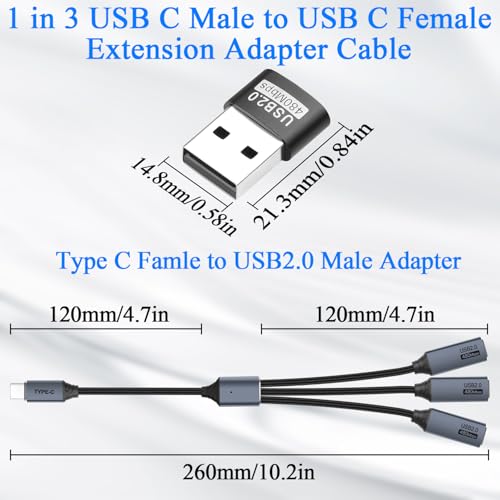 QIANRENON Przedłużacz USB C 1 do 3, 1 w 3, typ C 2.0, męski na 3 żeński, z adapterem C na A, konwertuj kabel USB 2.0 męski na 3 USB C, żeński, do ładowania transferu danych OTG