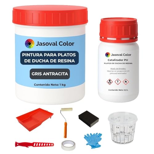 Jasoval Color Pintura Plato Ducha Resina Antideslizante Gris Antracita, Kit Reparacion Plato Ducha Resina Con Herramientas, Pintura Antideslizante 1 Kg Poliuretano 0,5 L Catalizador
