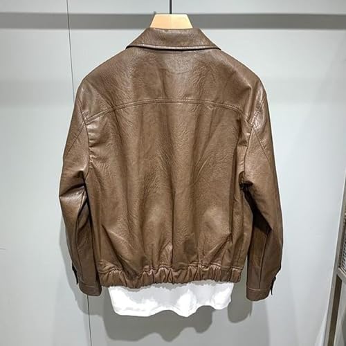 JEKE-DG Men's Long Sleeve Short Motorcycle Coat Lapel Full Zip Bomber Coat Jacket Faux Leather Loose Fit Coats2