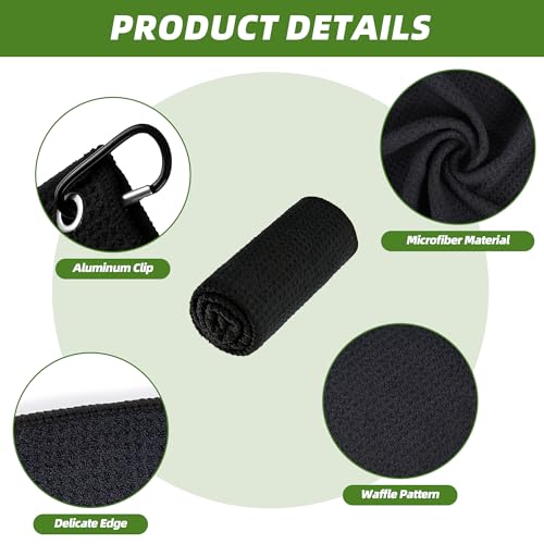 Mile High Life Microfiber Towel 3 Pack, 16" X 16", Waffle Pattern Design with Carabiner Clip, Super Absorbent, Small Towels, Golf Bag Accessories for Men and Women, Gift (Black)