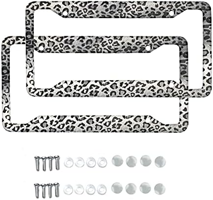LedBack Gray Leopard Print License Plate Frame Metal Aluminum License Plate Cover Car Tag Holder with 4 Holes, Women Men Auto Decoration for USA Canada Vehicle Standard (Set of 2, 12.2" x 6.3")