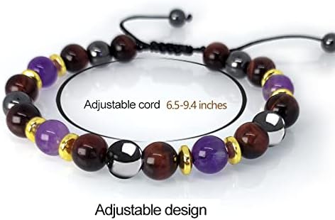 Hion Triple Protection Bracelet-Slimming Bracelet,Red Tiger Eye Purple Amethsyt Hematite Bracelet Set for Men Women