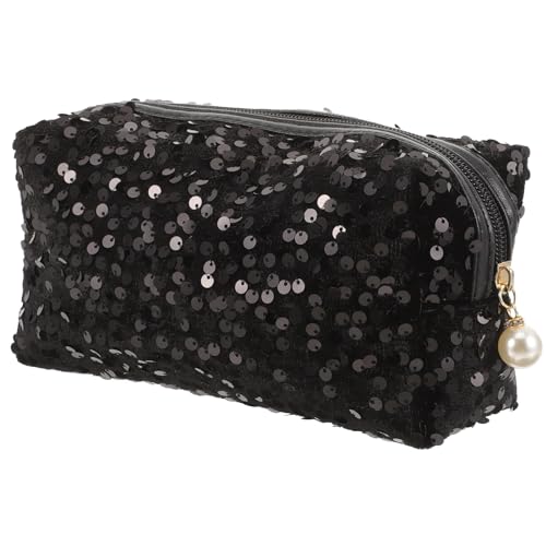 VALICLUD Sequin Cosmetic Bag Portable Glitter Makeup Zipper Bag Toiletry Bag Sequin Organizer Bag for Women Girls Travel Daily Use (Black)