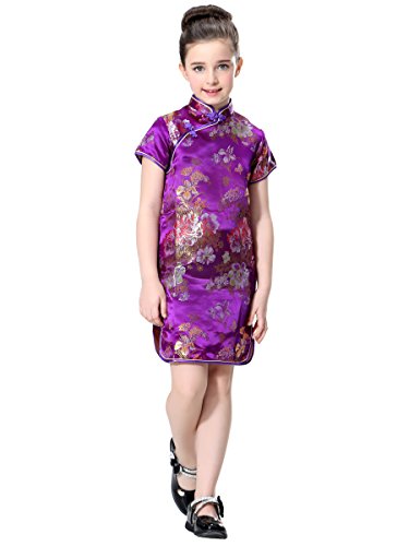 Girls Chinese Dress in Violet with Colorful Peony Patterns3