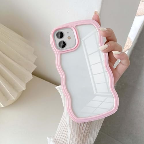 UEEBAI Wave Frame Clear Case for iPhone 11 6.1 inch Case Clear, Cute Wavy Phone Case for Girl Slim Fit Shockproof Phone Cover Bumper Translucent Soft Pretty Case for Women - Pink