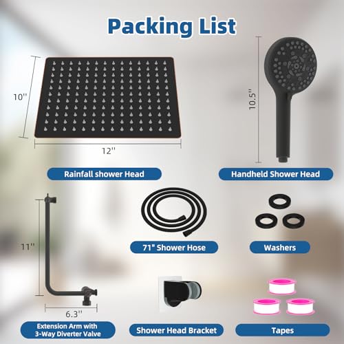 Image of 12 inch Metal Rainfall Shower Head with 10-Mode Handheld, Matte Black