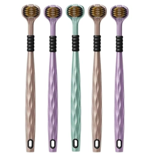 Image of 3-Sided Toothbrush with U-Shaped Triple Head Design, Dual Bristle Arrangement, Curved Brush Head, Ergonomic Handle with Non-Slip Grip, Multi-Color Toothbrush Set (Pack of 5)