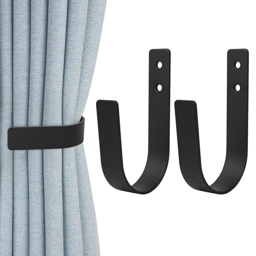 2 Pcs Alzapaños Cortinas Pared de Metal, Alzapaños Ganchos para Cortinas con Forma de U Negros para Sala de Estar, Dormitorios, Restaurante, Oficinas, Cocinas, con Accesorios