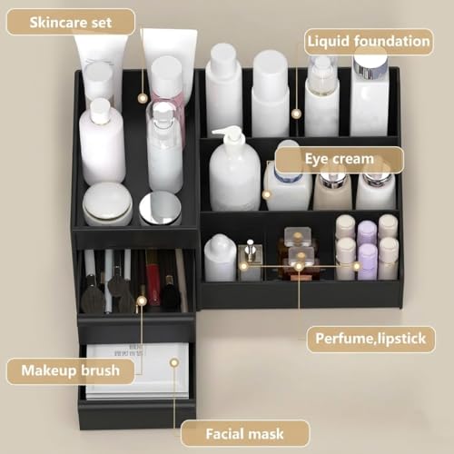 Image of INOVERA Makeup Organizer with Drawers | Countertop Cosmetics Display Case for Dressing Table | Vanity storage Holder Box (Black)
