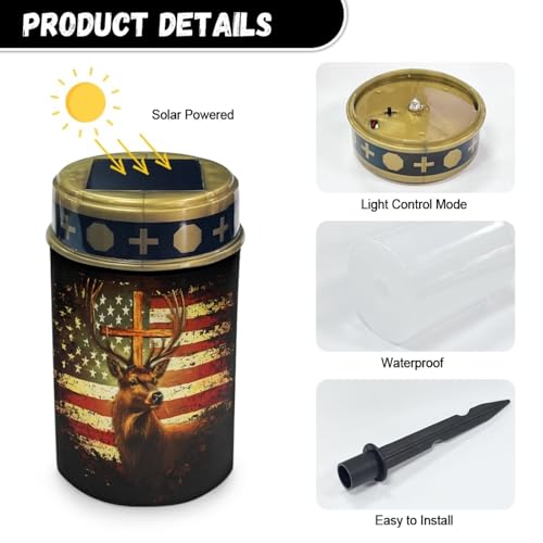 Image of Poceacles Deer American Flag Vintage Pattern Solar Lights Outdoor Solar Powered Outdoor Cemetery Stake Candle Grave Lamp Landscape Lighting Waterproof Grave Flameless Candle, Pack of 4