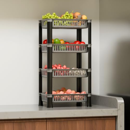Multipurpose Foldable Plastic Storage Rack Basket Stand for Home, Office and Kitchen (Grey, 4 Layer)