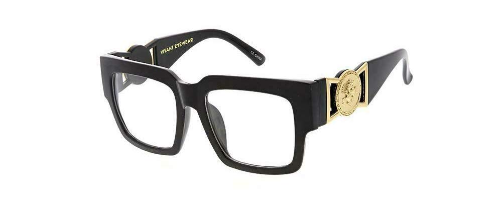 Dweebzilla Square Flat Top Gold Coin Medallion Greek Key Sunglasses w/Clear Lenses