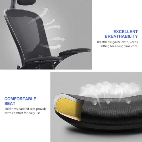 JAJALUYA Office Chair Mesh Computer Chair with Adjustable Headrest and Lumbar Support Desk Chair Ergonomic Office Chair with Flip-up Armrest for Home Office Study (Black) - Image 5