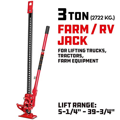 Image of Powerbuilt 8-Inch Ratcheting Off Road Utility Farm Jack, 3 Ton (6,000 lb) Capacity Utility High Lift Farm Jack, Lift Range: 5-1 /4 inch to 34-1 /2 inch, for Tractor Truck SUV -647587