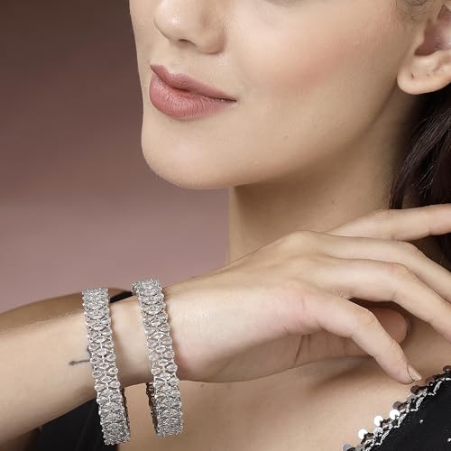 Image of ZENEME Rhodium-Plated Silver Toned White American Diamond Studded Bangle Set for Women and Girls