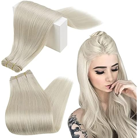 RUNATURE Haartressen Echthaar Blond 30cm Remy Tressen Extensions Echthaar Weiße Blond 70gramm Ein Stück Unsichtbar Sew in Weft Haarverlängerung Gesträhnt Gerades Haare Farbe #800 Cover