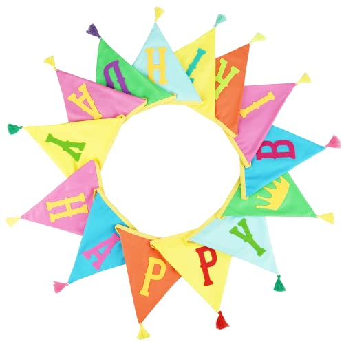 G2PLUS Happy Birthday Fabric Banner, 4.2M Double Sided Triangle Tassel Bunting with 14PCS Floral Pennants for Brithday Party Bedroom Decorations-Multicoloured