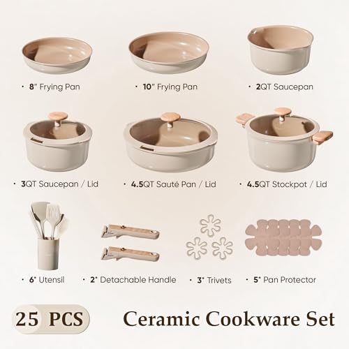 Image of CAROTE 25 Pcs Ceramic Cookware Sets, Pots and Pans Set Non Stick, Detachable Handle, Induction & Oven Safe, Stackable Space - 70% Saving, Cookware Non Stick Cooking Set, Taupe (PFOS, PFOA Free)